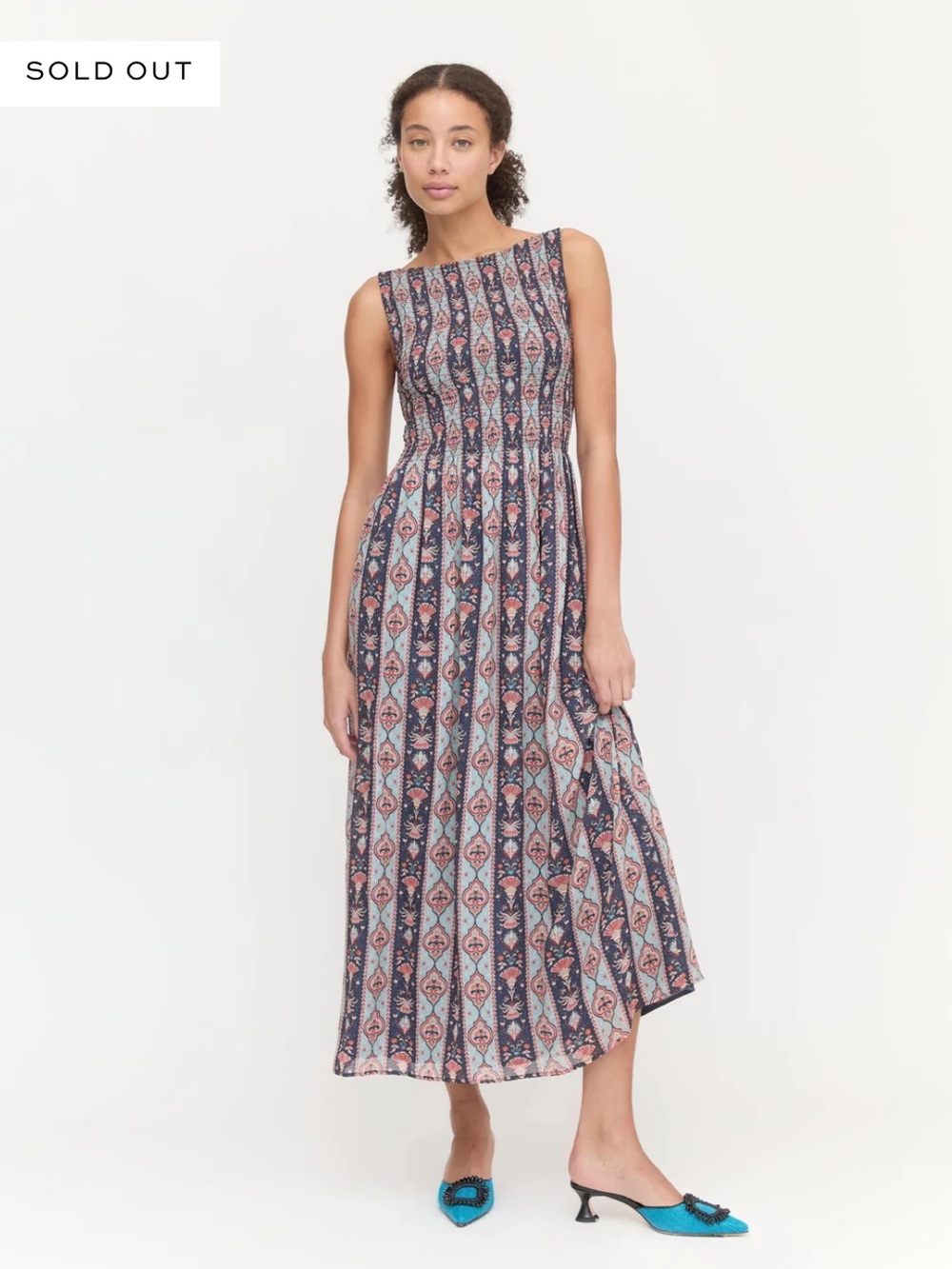Hill House Cosima Nap Dress in Navy Emma Stripe Smocked Maxi Geometric Floral
